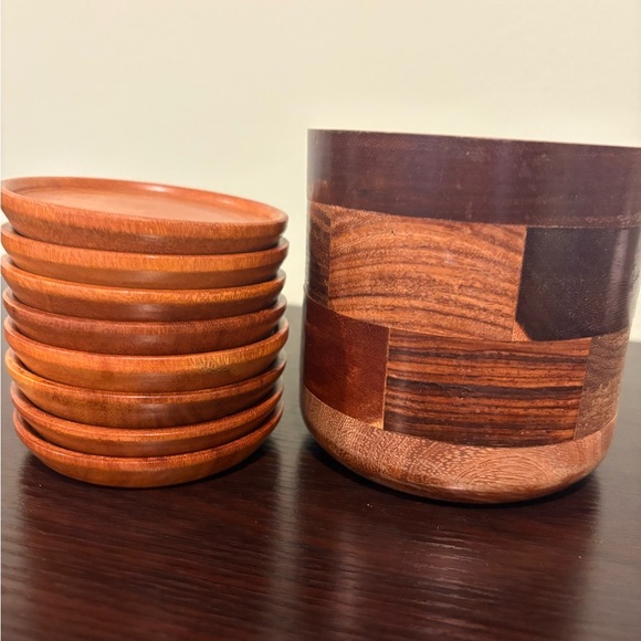 Wooden Danish  8 Coaster Set with Holder Neutral Tableware - Picture 3 of 7